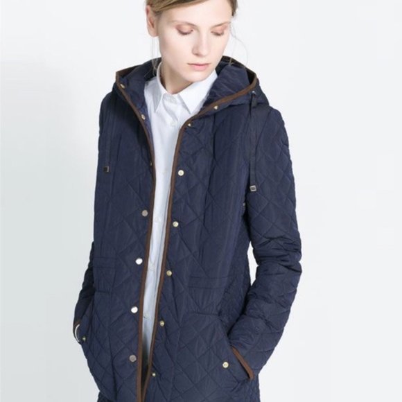 Zara Navy Quilted Puffer Jacket with Brown Trim - Picture 12 of 13